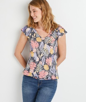 T-shirt imprimé feuillages colorés femme MARINE