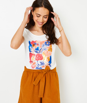 T-shirt écru motif fleurs femme ECRU