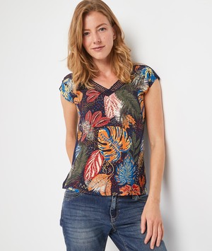 T-shirt imprimé bimatières femme MARINE