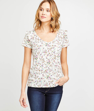 T-shirt à volants imprimé fleuri femme CREME