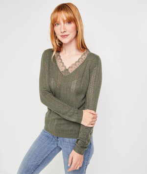 Pull col V dentelle femme KAKI