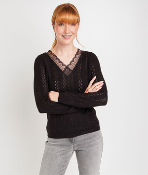 Pull col V dentelle femme NOIR