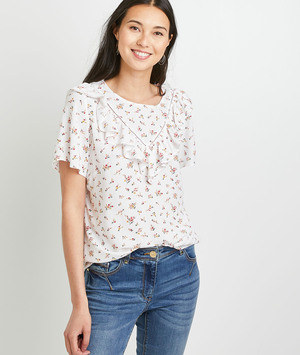 Top imprimé à volants femme ECRU