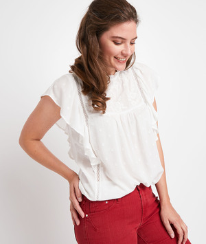 Top écru brodé à volants femme ECRU