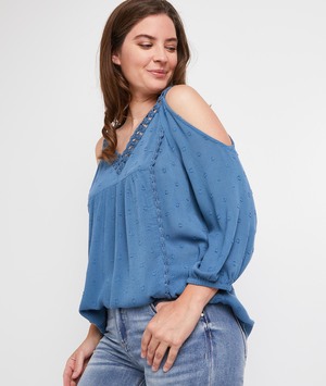 Blouse épaules ouvertes à dentelle femme BLEU