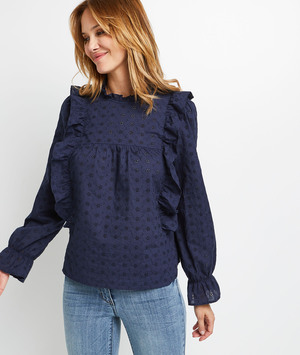 Blouse en coton marine à volants femme MARINE