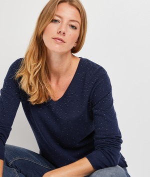 Pull col V femme BLEU