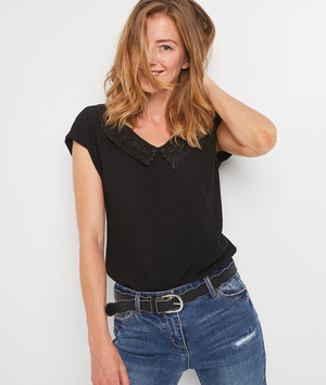 Top noir à grand col brodé femme NOIR