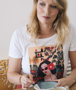 T-shirt blanc print visage femme BLANC