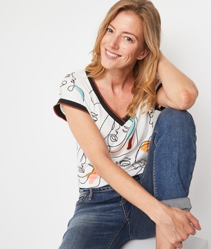 T-shirt motif visage femme BLANC CASSE