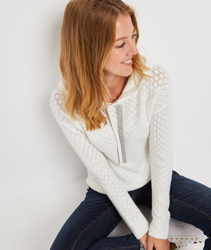 Pull ajouré à capuche femme ECRU