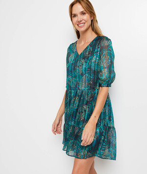 Robe verte en voile imprimé femme VERT