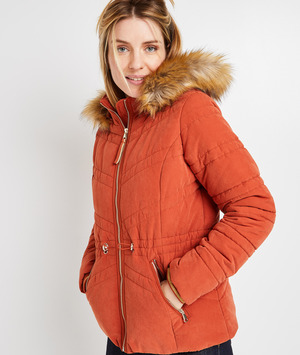 Doudoune à capuche fourrure femme ROUGE