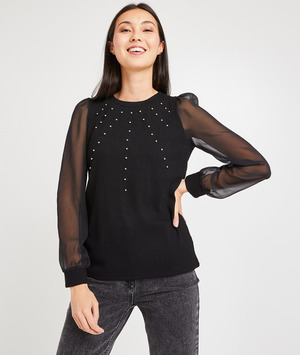 T-shirt noir à perles femme NOIR
