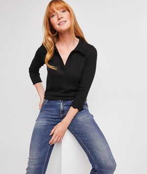 T-shirt col polo côtelé femme NOIR