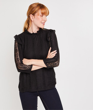 Tshirt col victorien dentelle femme NOIR