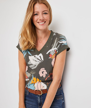 T-shirt kaki imprimé feuillages femme KAKI