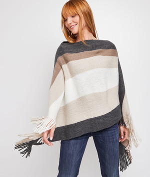 Poncho rayures et franges femme BEIGE