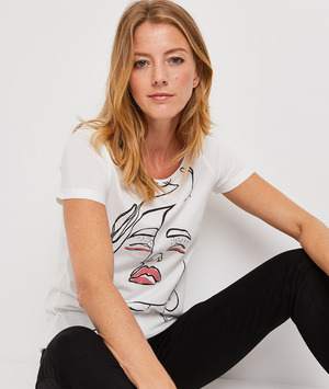 T-shirt blanc print visage femme BLANC CASSE