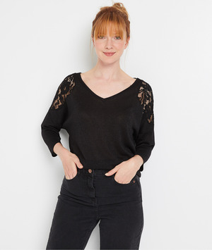 Pull manches 3/4 dentelle femme NOIR