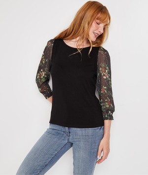 Tshirt manches imprimées fleurs femme NOIR