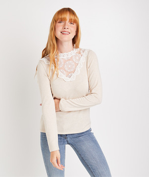 Tshirt dentelle écru femme BEIGE