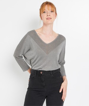 Pull col V brillant femme KAKI