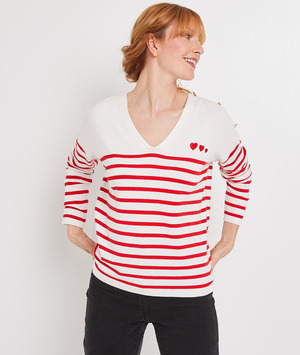 Pull marinière à broderie femme ROUGE