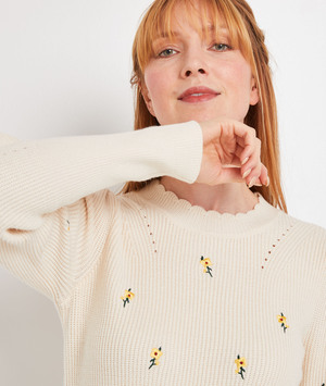 Pull col montant à broderie femme ECRU