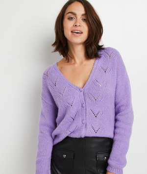 Gilet lilas col V ajouré femme LILAS