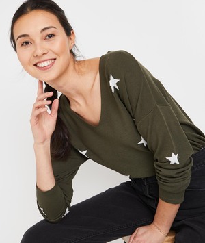 Pull loose motif étoile femme KAKI