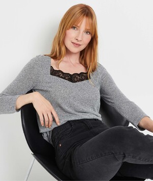 Tshirt dentelle manches 3/4 femme GRIS