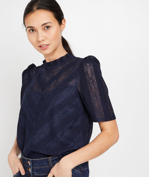 T-shirt dentelle col victorien femme MARINE