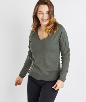 Pull col V détail dentelle femme KAKI