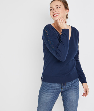 Pull col V détail dentelle femme MARINE