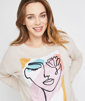 Tshirt imprimé visage femme BEIGE