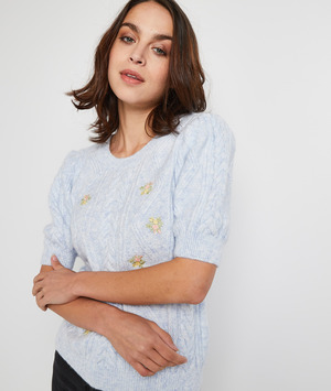 Pull manches courtes à broderie femme BLEU