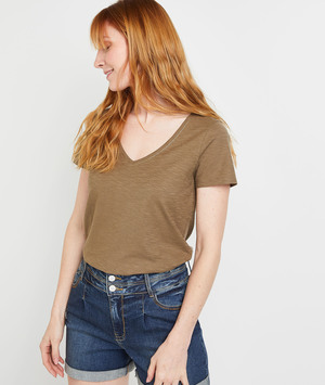 T-shirt manches courtes col V femme KAKI