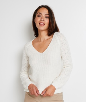 Pull avec manches ajourées femme ECRU