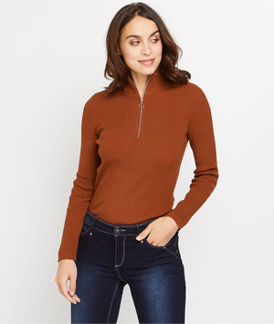 Pull col zippé femme CAMEL