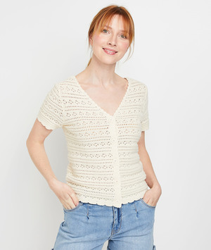Gilet manches courtes ajouré femme ECRU