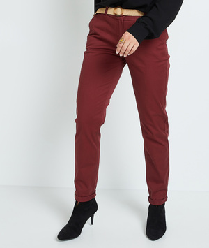 Pantalon chino avec ceinture femme ROUGE NOIRCI