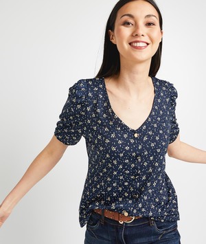 Tshirt imprimé boutonné femme MARINE