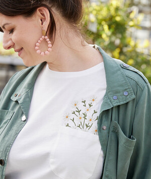 T-shirt broderie fleurs femme BLANC