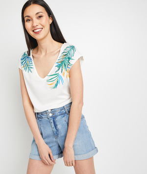 T-shirt imprimé feuillage femme ECRU