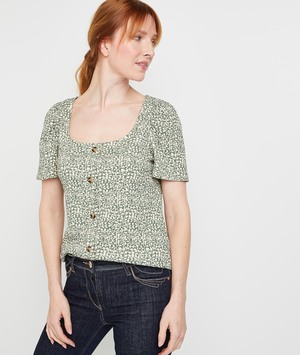 T-shirt col carré imprimé femme VERT