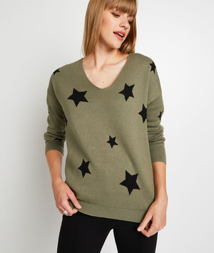 Pull imprimé étoiles femme KAKI