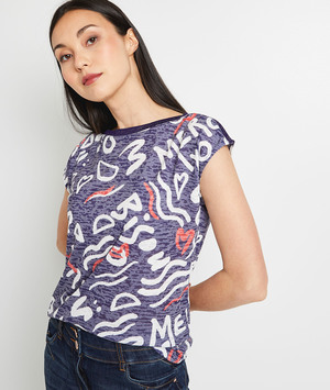 Tshirt imprimé col bateau femme MARINE