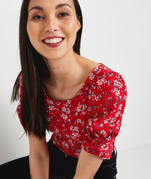 Tshirt imprimé fleuri femme ROUGE