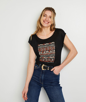 T-shirt imprimé ethnique lin femme NOIR